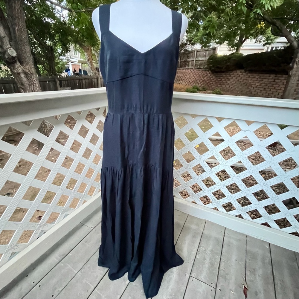 La Ligne Maxi Dress Navy Blue Size Medium Smocked Back Straps Tiered Boho A Line - Picture 2 of 9